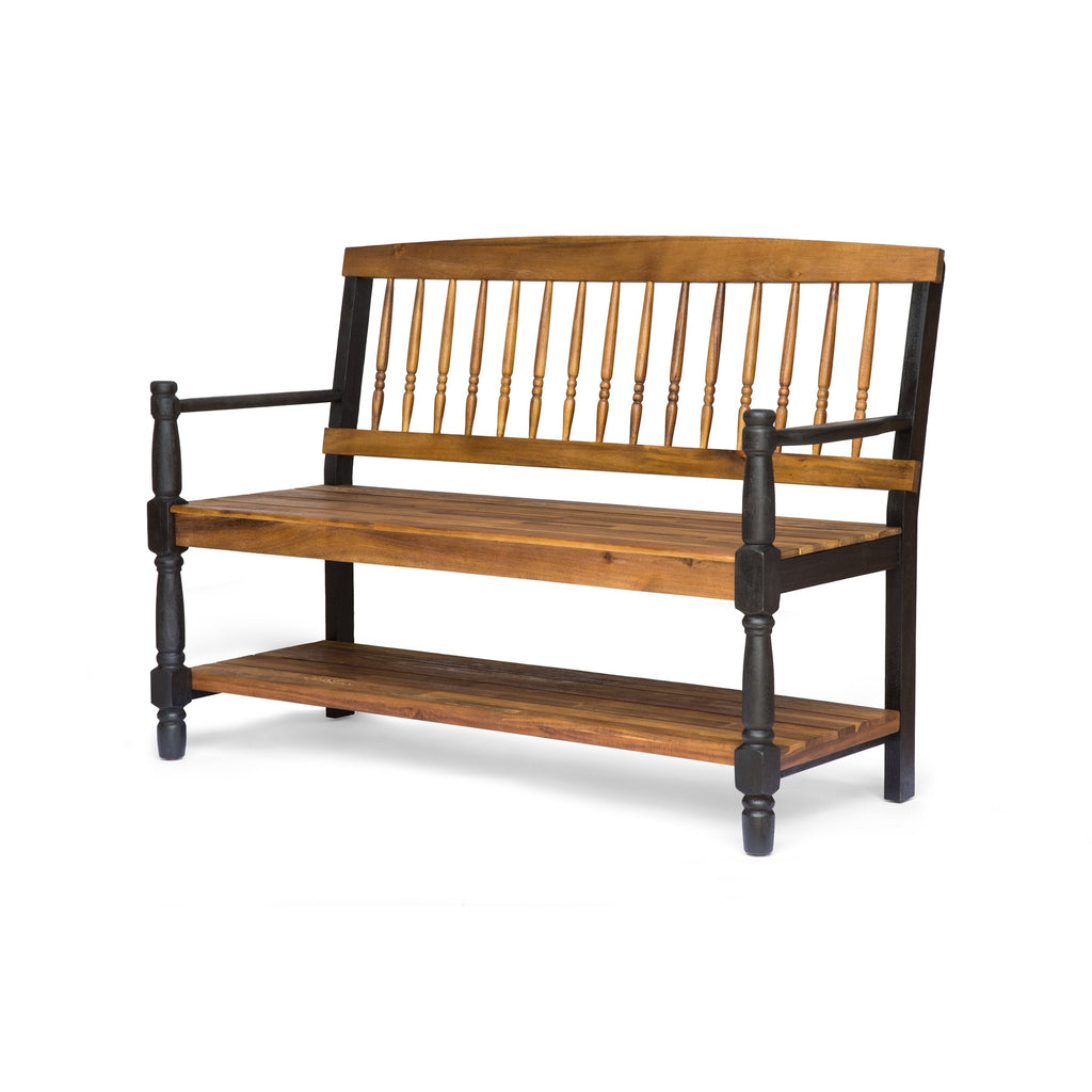 Eddie Indoor Farmhouse Acacia Wood Bench with Shelf, Teak and Black Finish