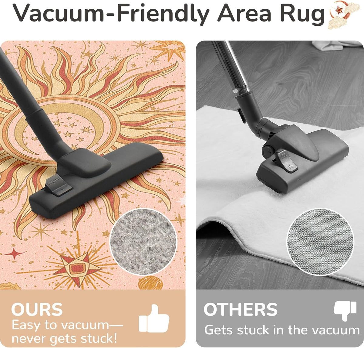 Area Rugs, Washable Vacuum-Friendly Non-Slip Rug Vintage Boho Gothic Sun and Moon Printed Pattern Low Pile Carpet