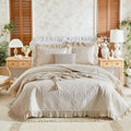 Ruffles Quilt Set 96 * 96in - 3 Pieces Solid Shabby Chic Farmhouse Ruffled Bedding Rustic Coverlet
