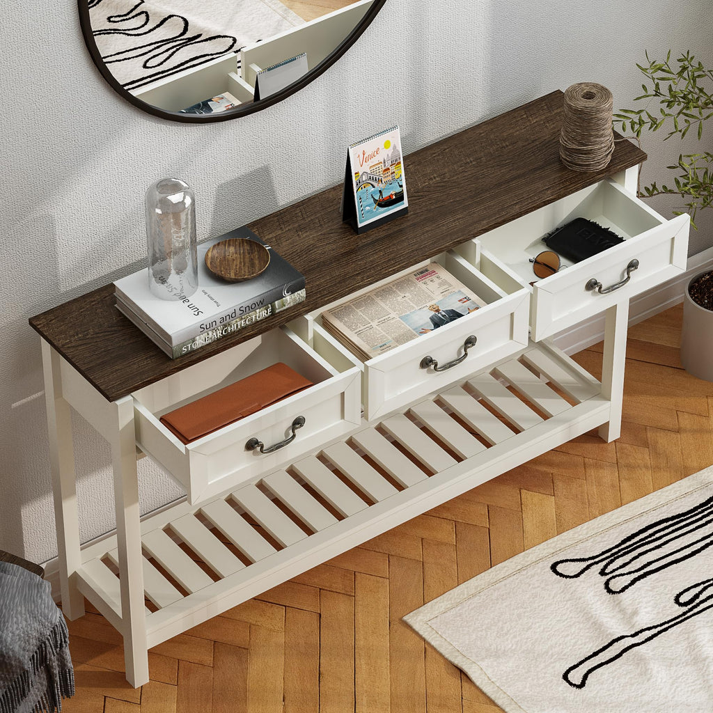 53" Farmhouse Entryway Table with 3 Drawers and Storage Shelf