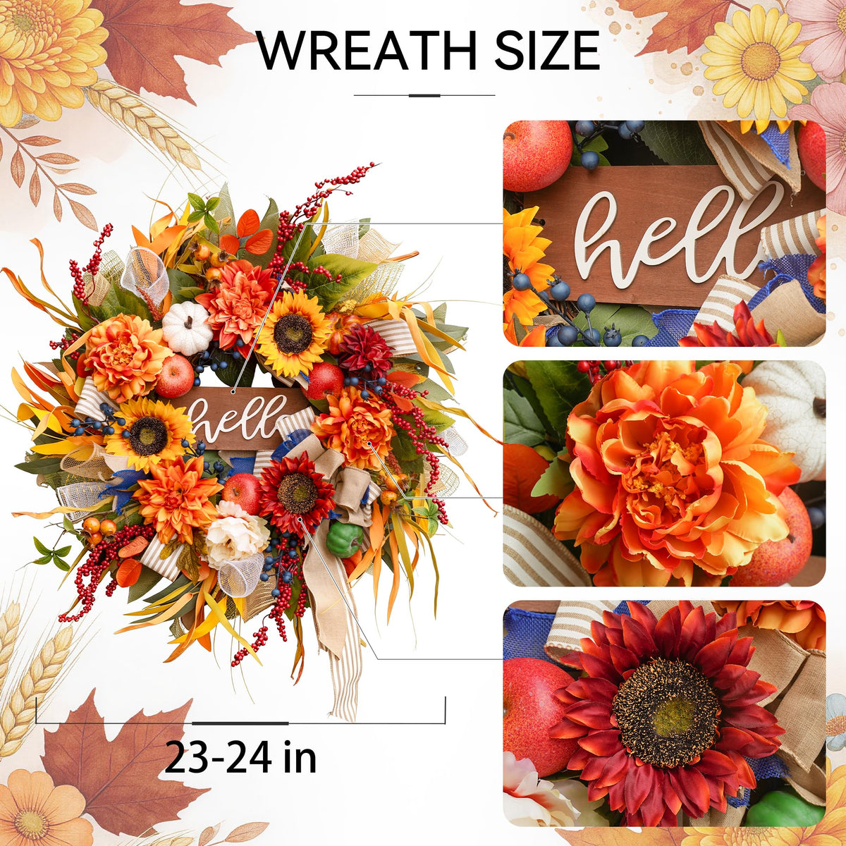 Fall Wreaths for Front Door 24 Inch Autumn Harvest Sunflower Apple Wreath