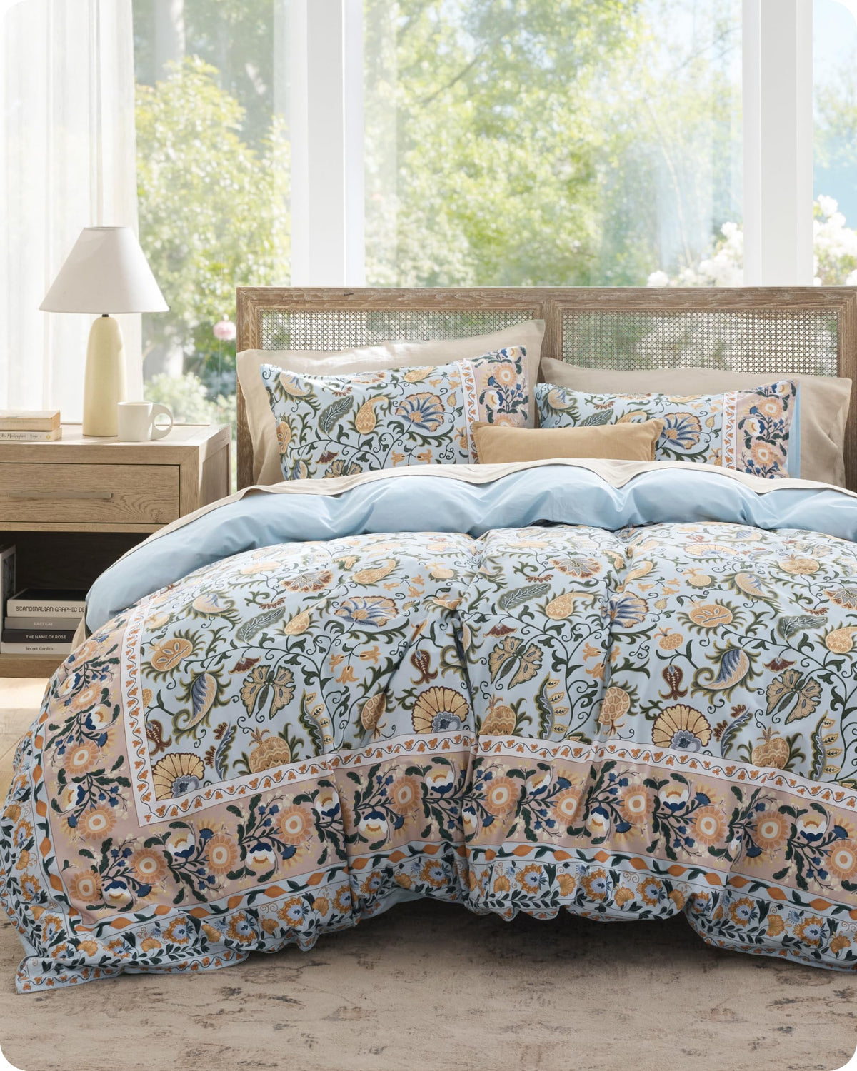 PureWoven 100% Cotton Floral Duvet Cover Set, King, Blue Boho