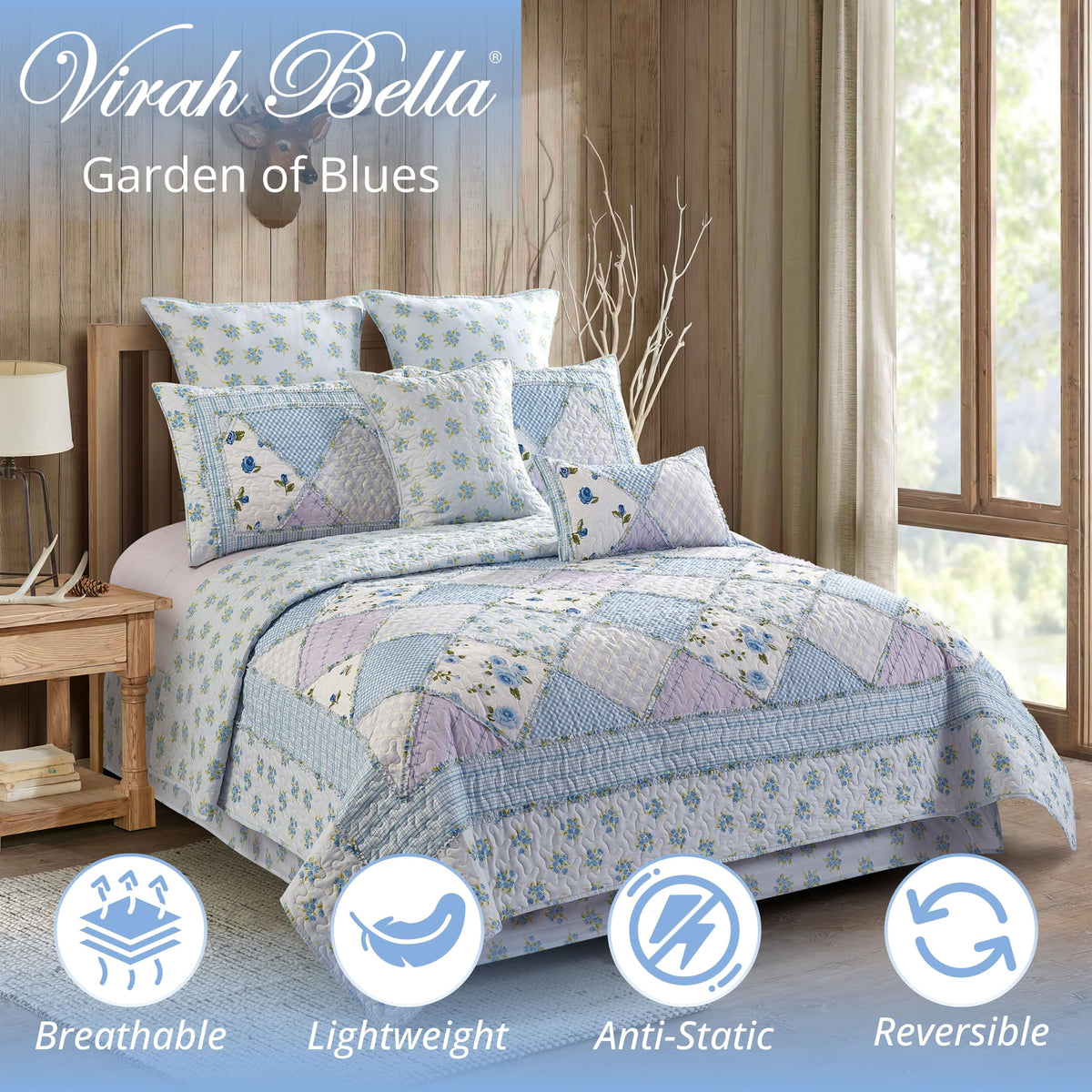 Garden of Blues 2-Piece Quilt Bedding Set - Shabby Chic Floral Patchwork Reversible Coverlet with 1 Matching