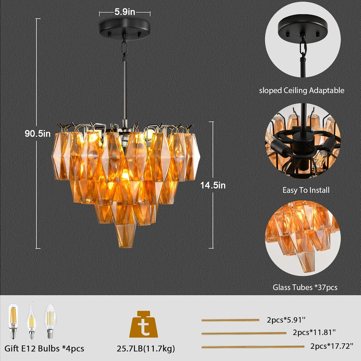 Pendant Light Kitchen Island, Black Chandeliers for Dining Room, 4-Light Pendant Lighting, 17" Modern Round Chandelier for Bedroom, Tiered Amber Glass Pendant Light Fixtures for Living Room