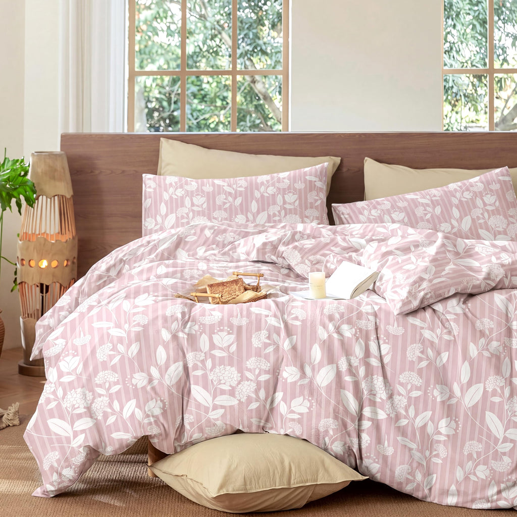 Pink Floral Comforter Set, Blush Pink Leaf Floral Stripe Bedding Set, 3 Pieces 100% Cotton Comforter with