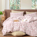 Pink Floral Comforter Set, Blush Pink Leaf Floral Stripe Bedding Set, 3 Pieces 100% Cotton Comforter with