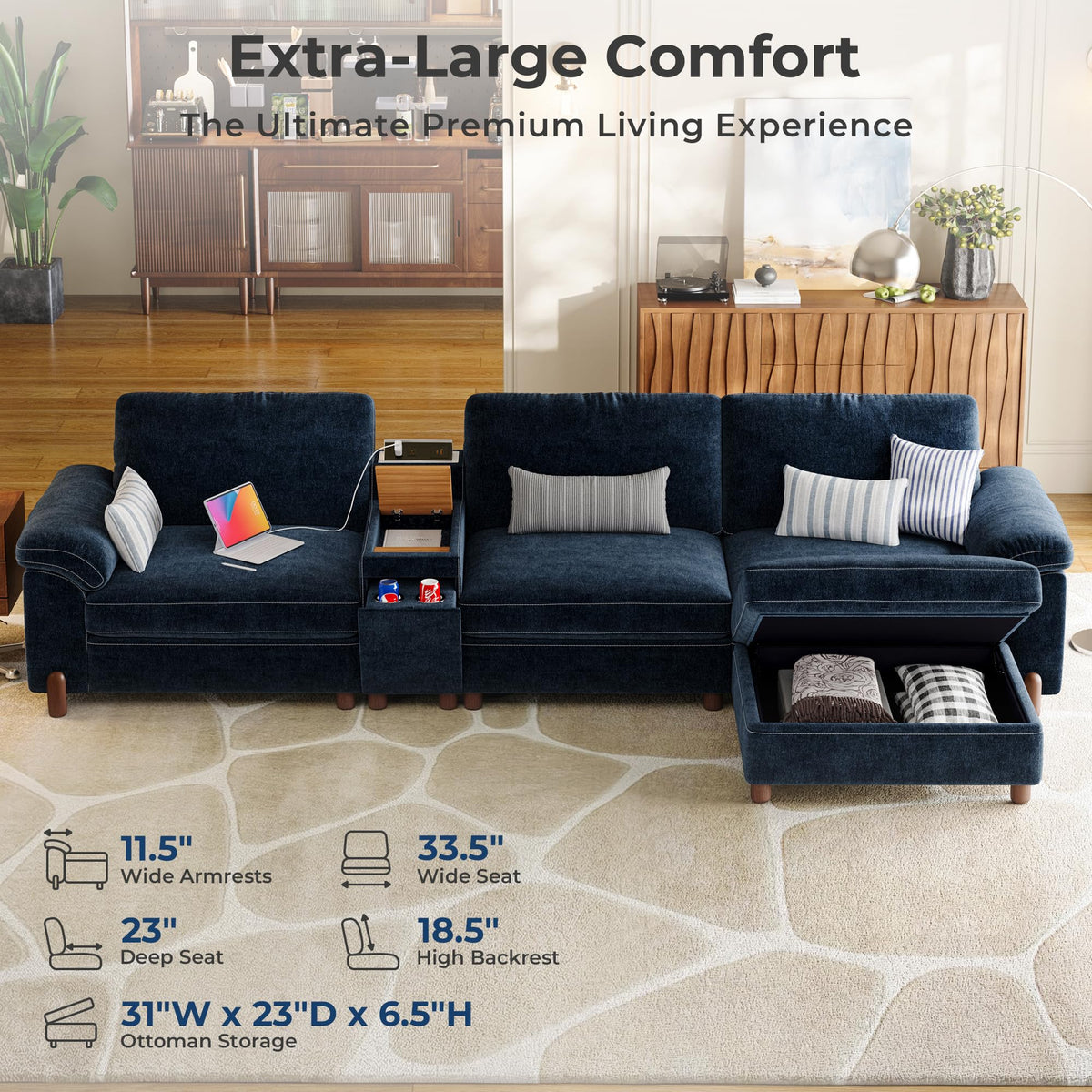 Cloud Couch Sectional, 3 Seater with Console, Chenille in Navy Blue