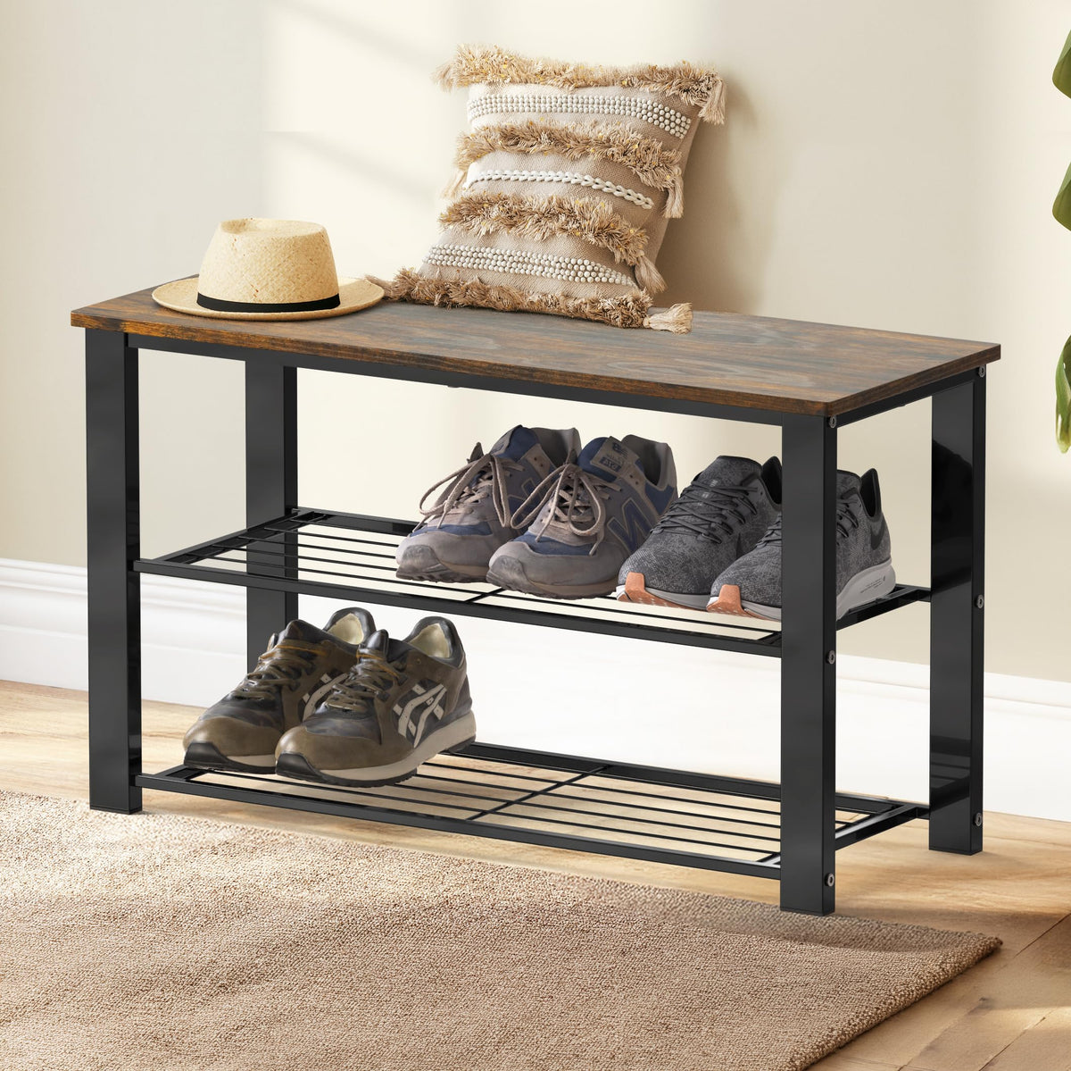 Wooden Top Shoe Rack Bench, Rustic Brown