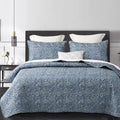 Quilt Set Queen Size 3Pcs, Soft Microfiber Lightweight Bedspread, Blue & Green Paisley Floral Geometric Pattern