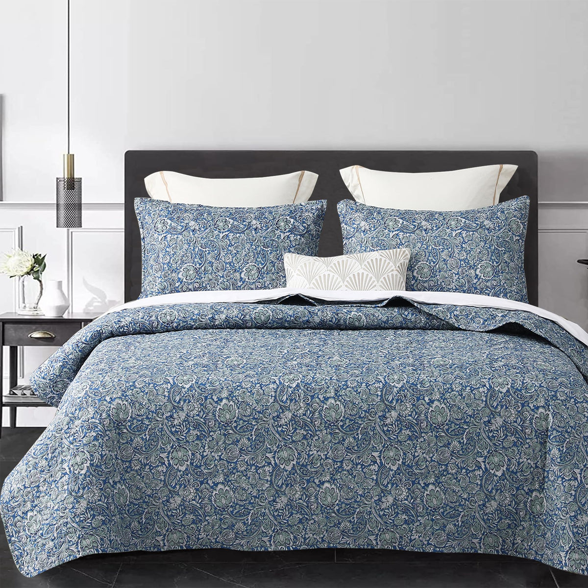Quilt Set Queen Size 3Pcs, Soft Microfiber Lightweight Bedspread, Blue & Green Paisley Floral Geometric Pattern