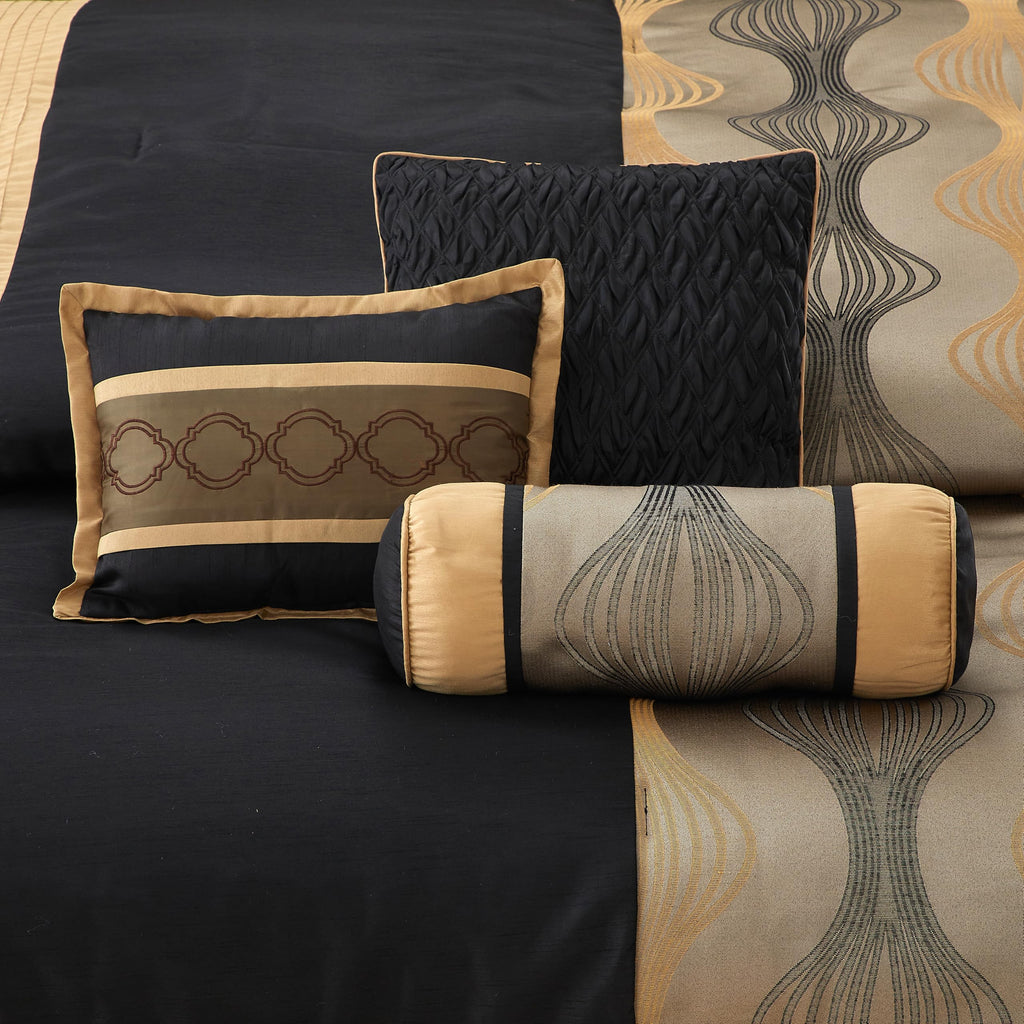 King Comforter Set, Black Gold, 7 Pieces Bed in a Bag, Ultra Soft Jacquard with Solid Piecework, Luxury Bed Set with