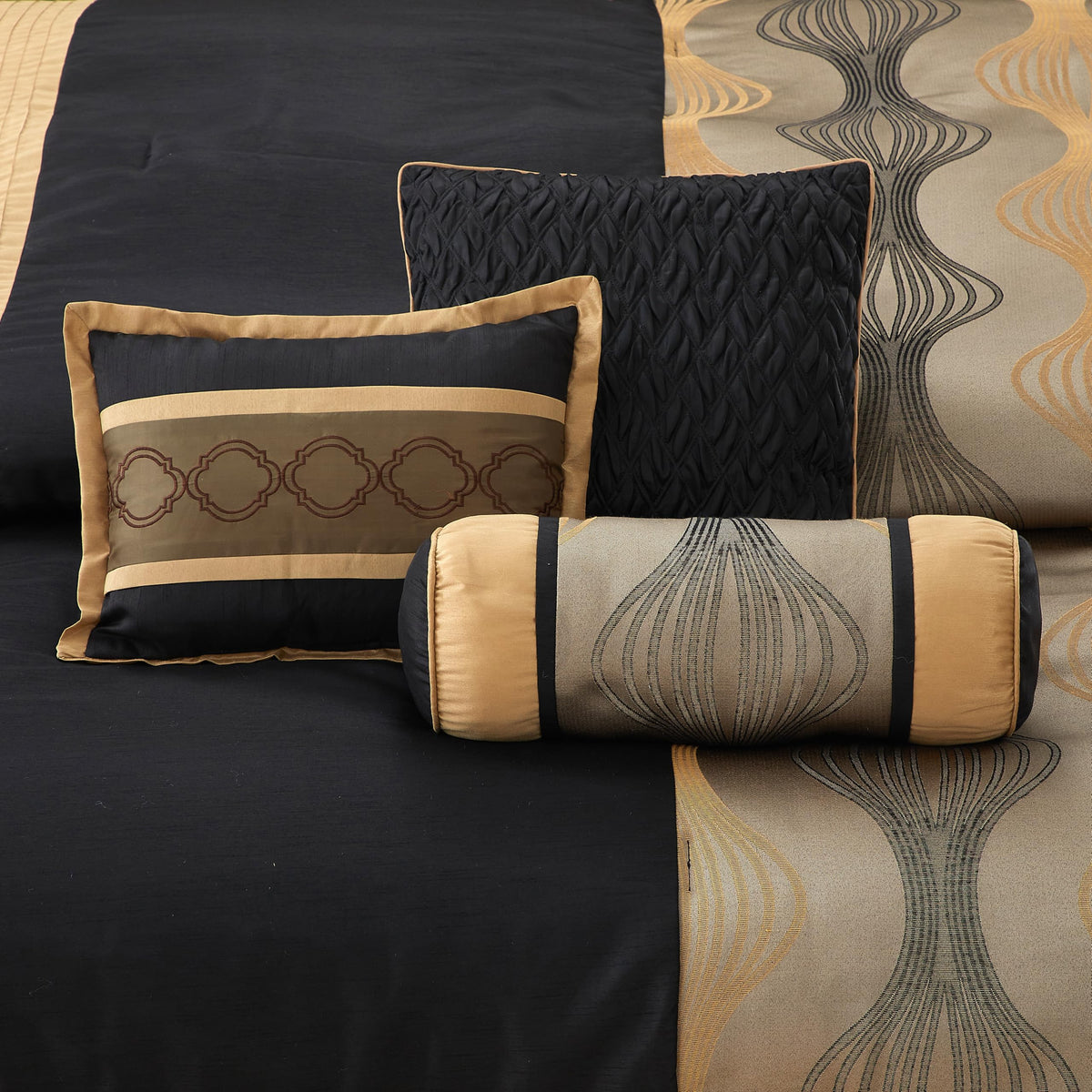 King Comforter Set, Black Gold, 7 Pieces Bed in a Bag, Ultra Soft Jacquard with Solid Piecework, Luxury Bed Set with