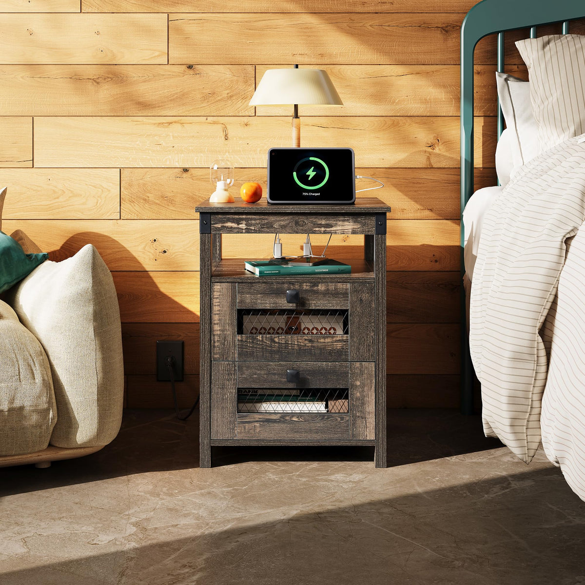 Night Stand with Charger Station, End Tables Bedroom, Bed Side Table with 2 Wooden Storage Drawers, Farmhouse