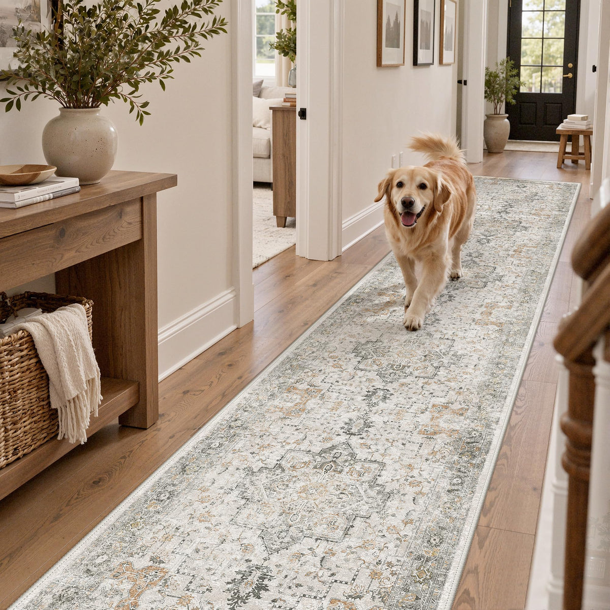 2x16 Washable Runner Rug Non Slip, Gray Beige