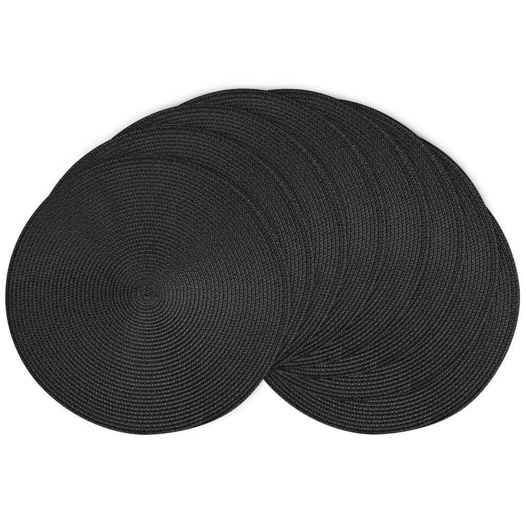 Round Braided Placemats Set of 8 Place Mats for Dining Table Woven Washable Non-Slip Table Mats 13.5 Inch (Black