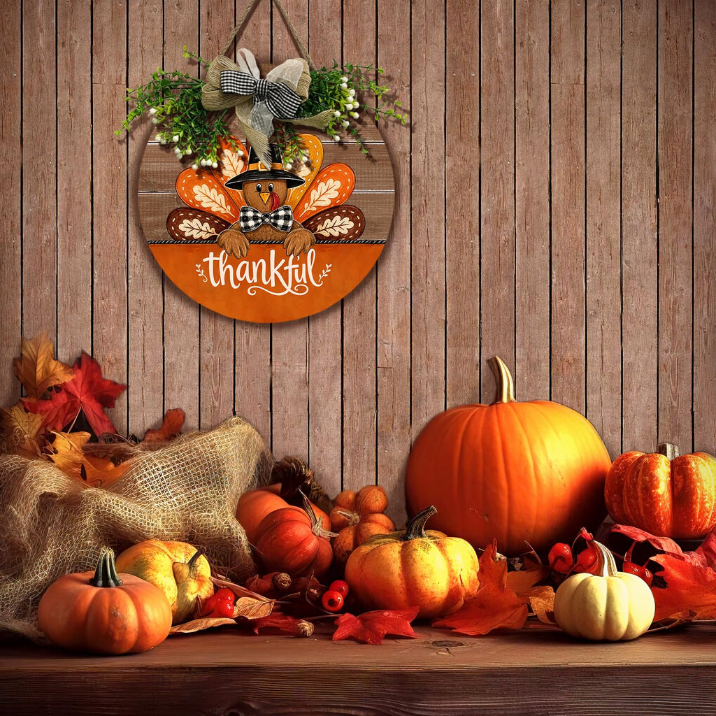 Thanksgiving Thankful Turkey Door Sign for Front Porch Farmhouse Round Wood Hanging Sign with Wreath and Bow Greenery