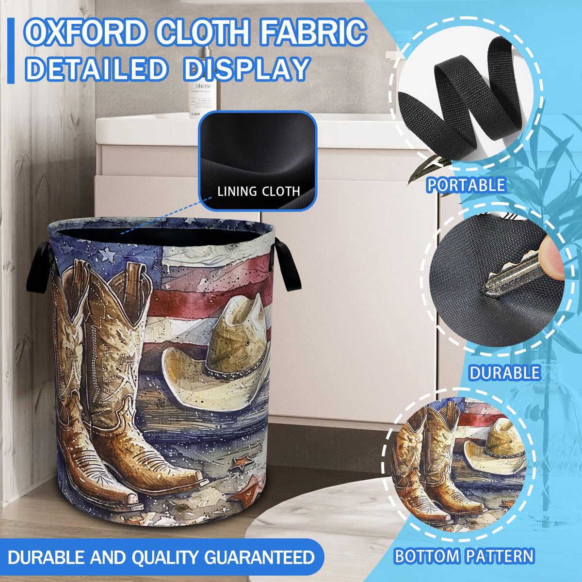 Cowboy Hat Boots American Flag Laundry Basket Oxford Cloth 18.9 x 16.5 Inch