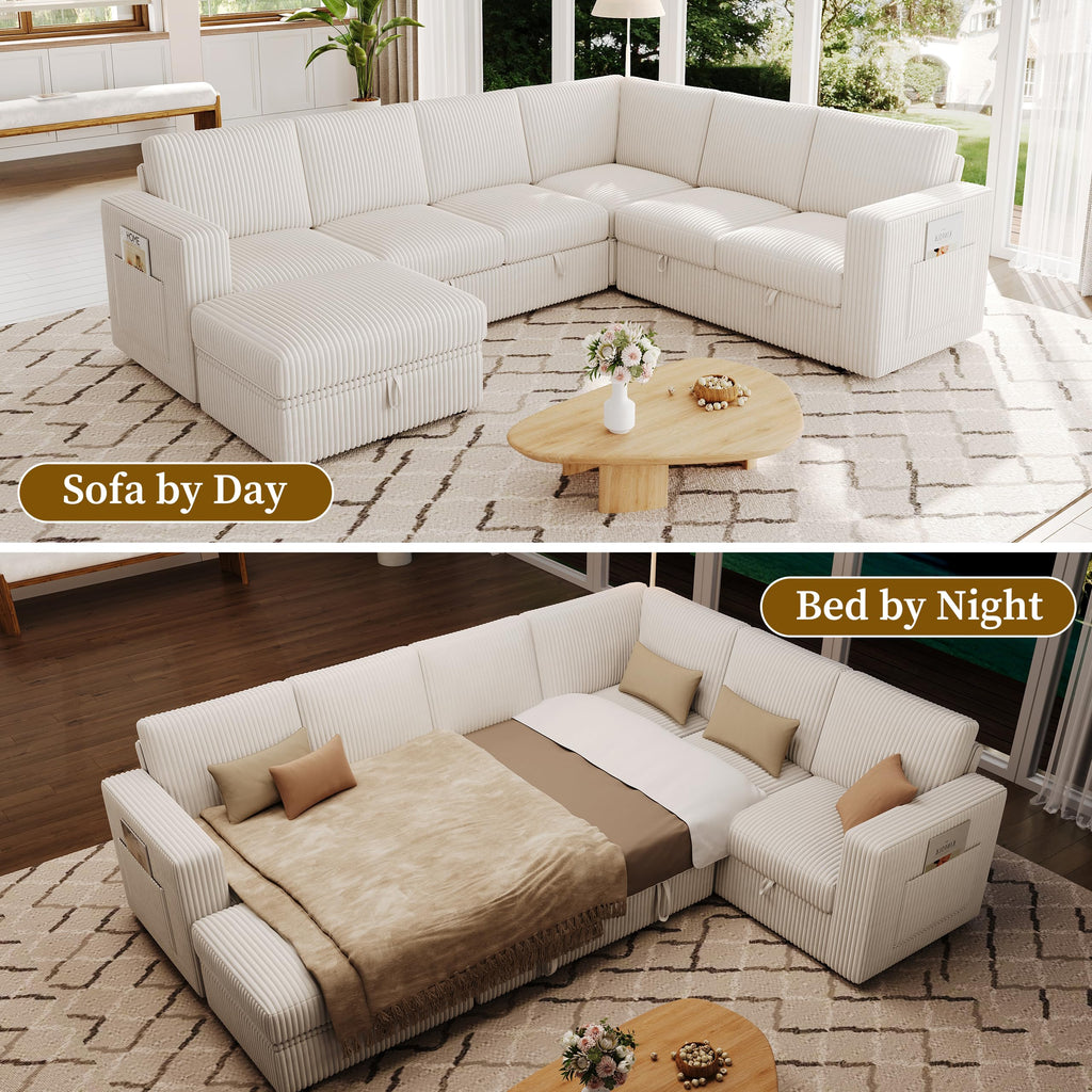 Sectional Sleeper Sofa, Pull Out Couch with Storage, Lvory, 7 Seat