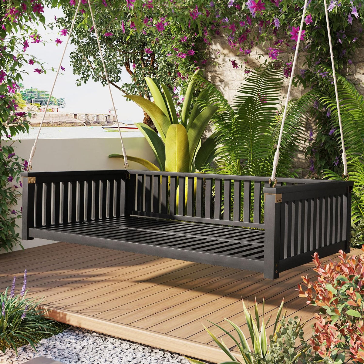 Black Wooden Porch Swing Bed with Safety Rails, 3-Seater Hanging Daybed Swing with Ropes, Outdoor Patio Bench Swing