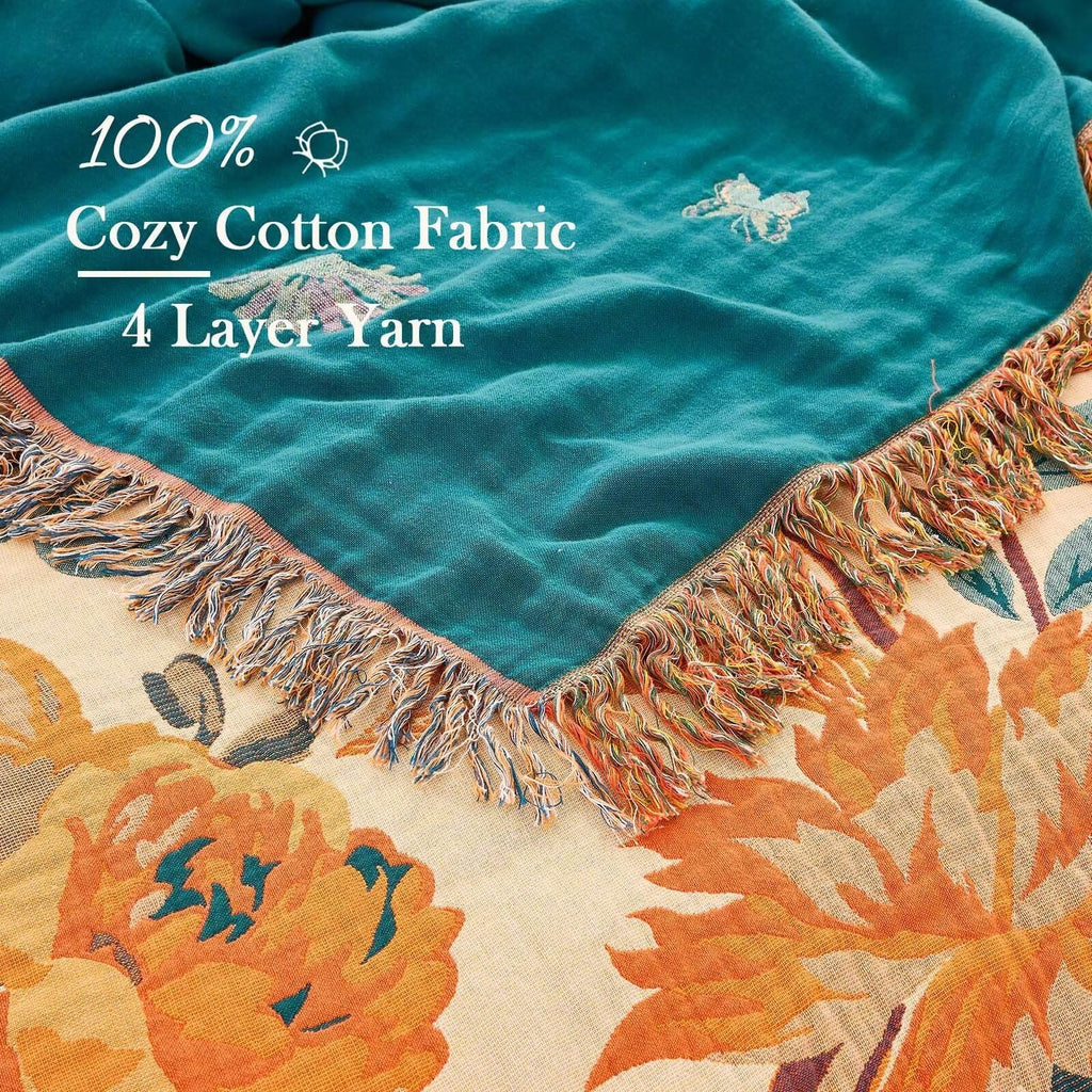 Boho Throw Blanket for Bed, 100% Cotton Soft Rustic Quilt Fall Blanket, 90"x98" Floral Printed Farmhouse Decor Bed