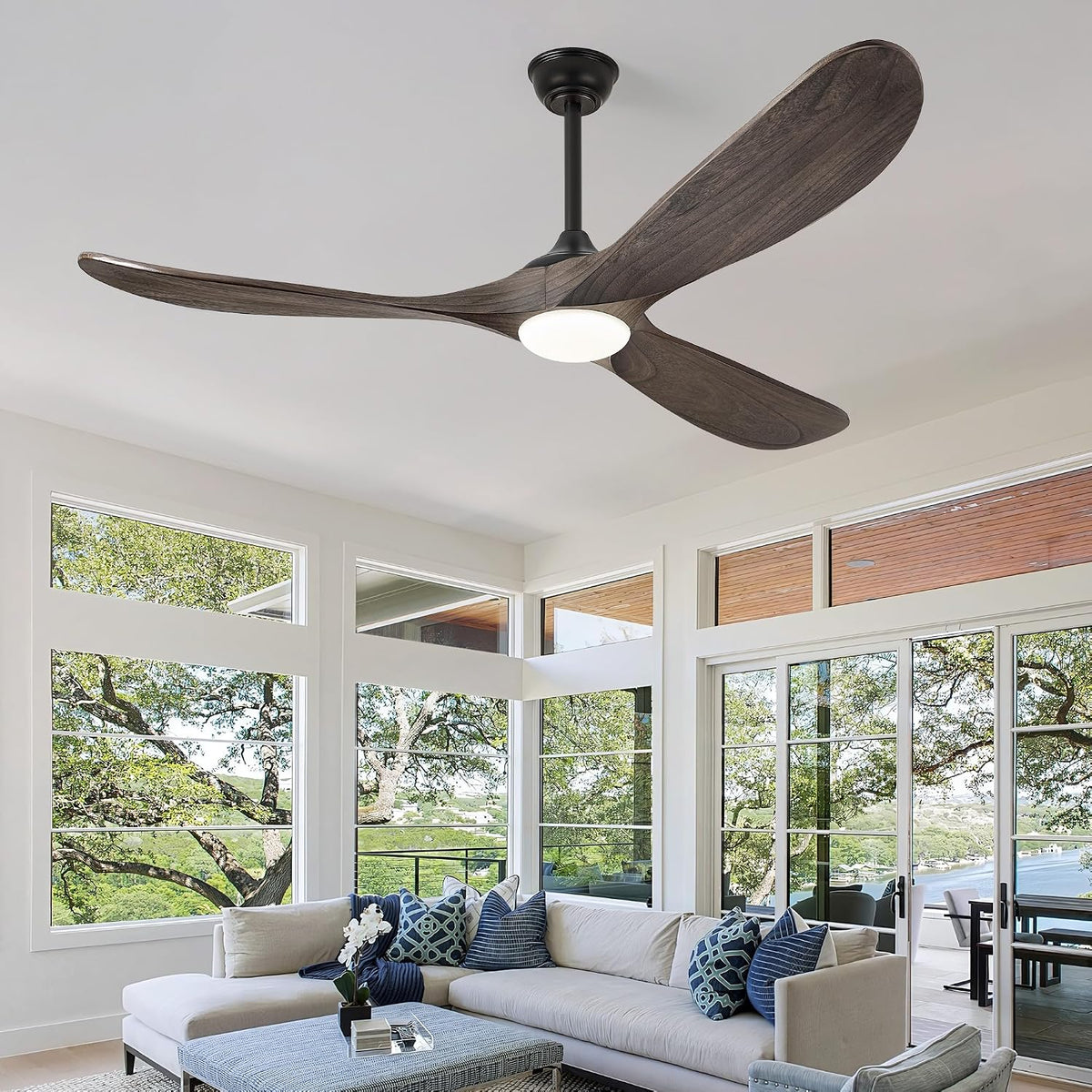 Inspired Maverick Style 60 Inch Outdoor Ceiling Fans with Lights, Propeller Solid Wood Ceiling Fans with Light and Remote Control for Outdoor Ceiling Fan with Light for Patio Farmhouse, DC ETL Listed, Deep Brown
