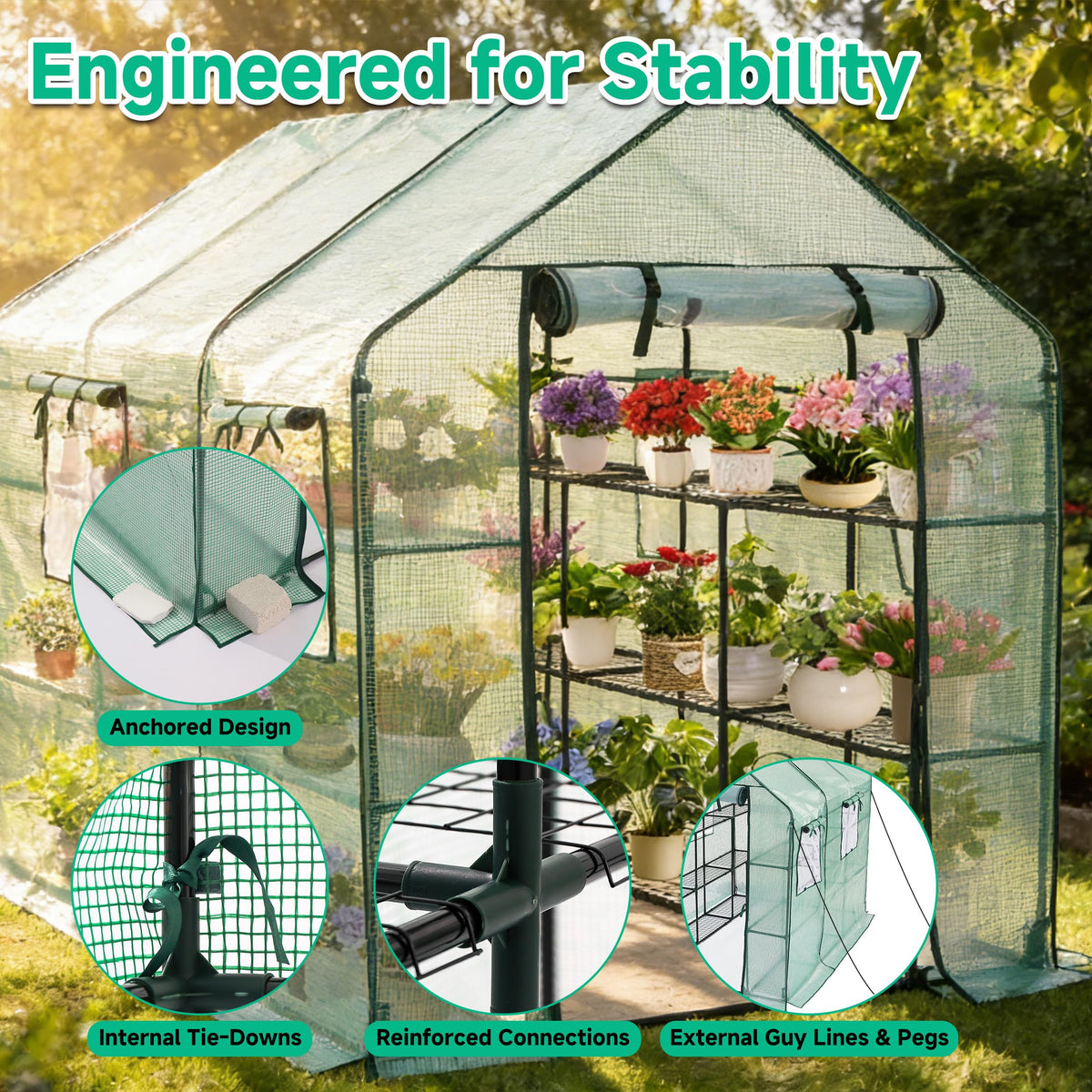 Walk-in Outdoor Greenhouse, 56 x 85 x 77 Inch, 3 Tiers, Green