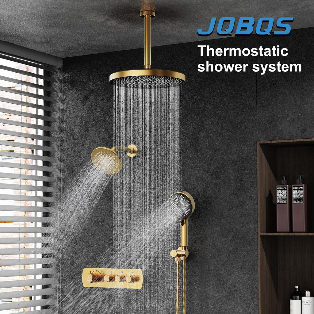 Shower System Brass Thermostatic Shower Faucet Set With Valve and Diverter Shower Mixer with 2 Rain Shower Head and