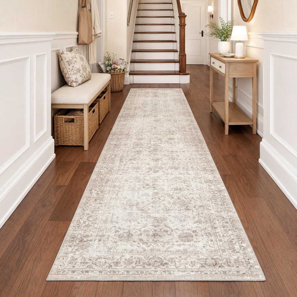 2x10 Hallway Runner Rug Washable Beige Neutral Vintage Distressed