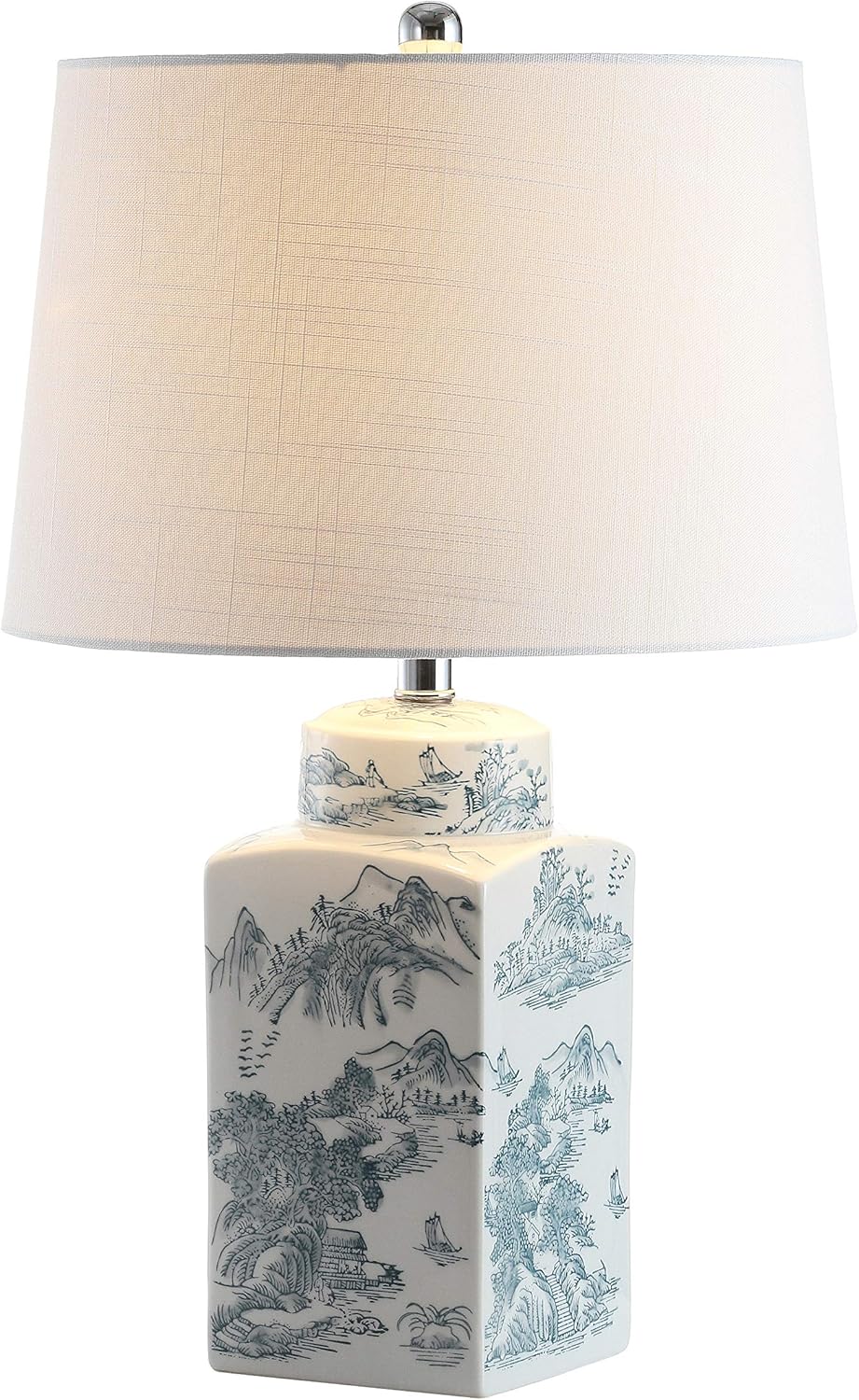 24.5" Blue/White Chinoiserie Ceramic Table Lamp, Traditional Square Ginger Jar Mountain Toile Lamp Bedroom