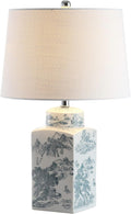 24.5" Blue/White Chinoiserie Ceramic Table Lamp, Traditional Square Ginger Jar Mountain Toile Lamp Bedroom