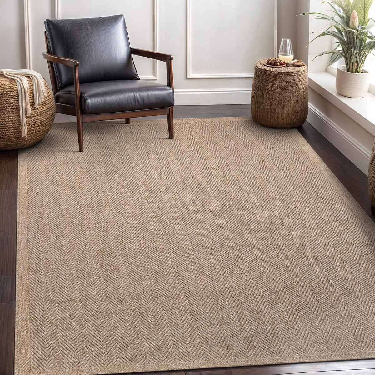 Easy Jute Rug 8x10, Indoor Outdoor Natural Color Fiber Area Rugs Rug Herringbone Seagrass Boho Woven Design