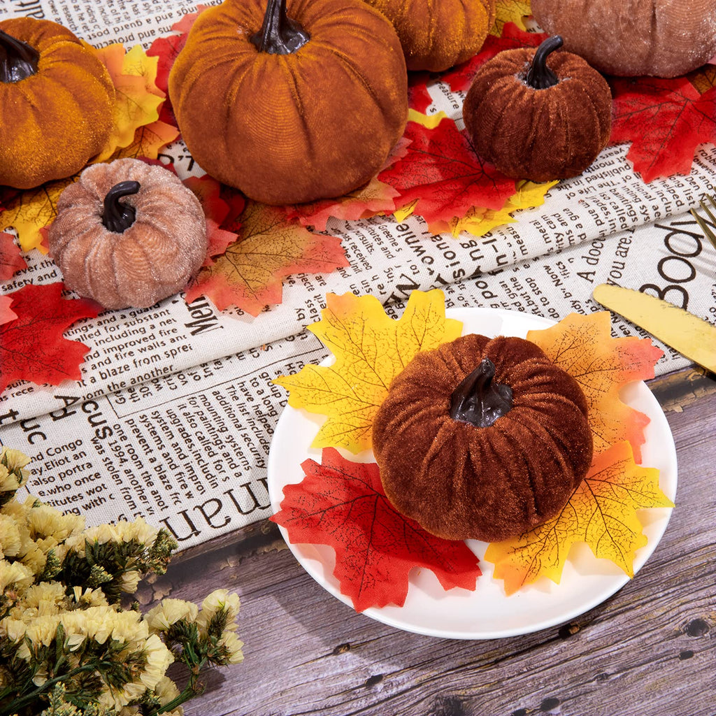 12Pcs Fall Faux Velvet Pumpkins Thanksgiving Harvest Artificial Fake Pumpkin Rustic Assorted Sizes Orange Brown Khaki