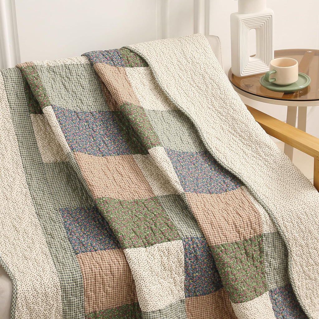 Patchwork Cotton Quilted Throw Blanket (Blue, 50"x60")