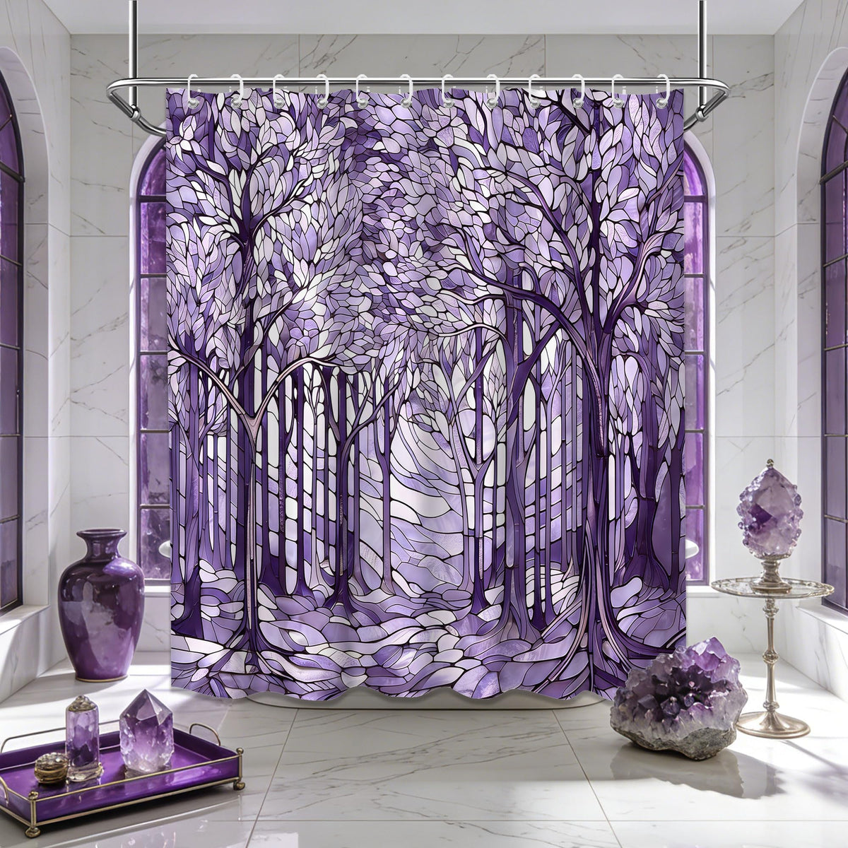 Extra Long Shower Curtain Extra Tall Light Purple Stained Glass XL Abstract Art Nouveau Shower Curtains for Large
