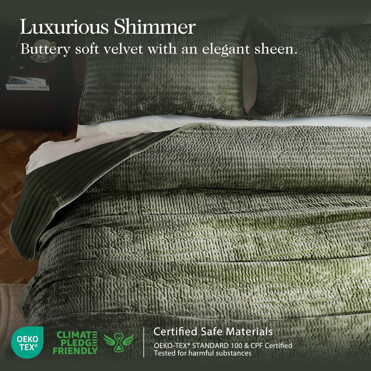 Velvet California Oversized Quilt Set - Olive Green Striped Pick Stitch Soft Lightweight Bedspread