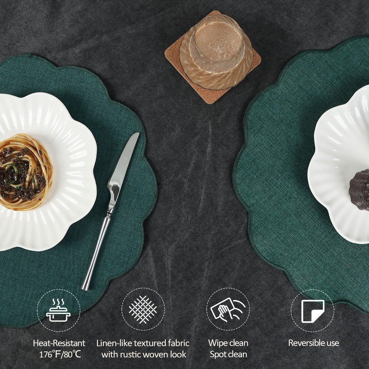 Round Scalloped Placemats Set of 4 15 Inch Faux Linen