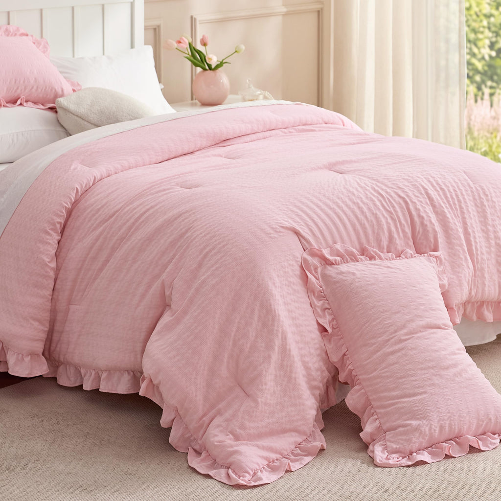 Pink Ruffle Comforter Set, Bedding Set Cotton-Like 3 Picecs
