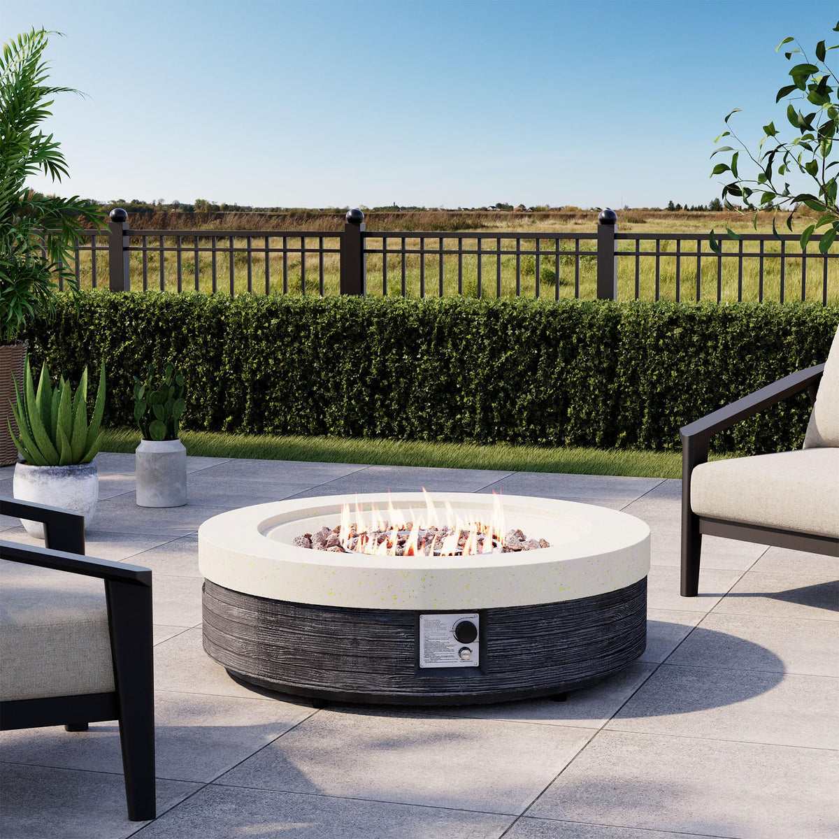 42" Outdoor Fire Pit Table Round Gas Fire Pit Table with Concrete & Wood Grain Design, Electronic Ignition