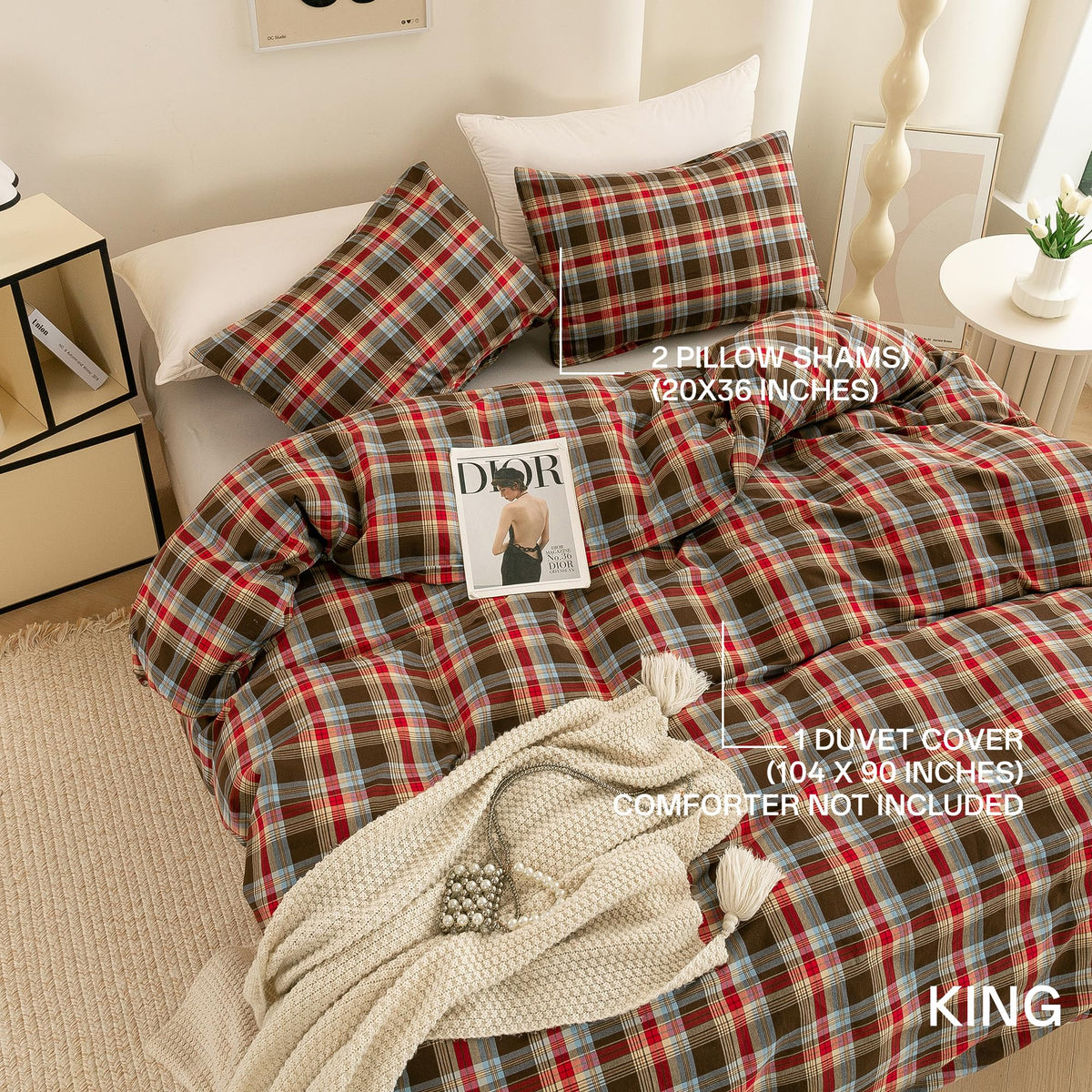 Cotton 3 Pcs Duvet Cover Set Linen Feel Red & Brown Plaid King