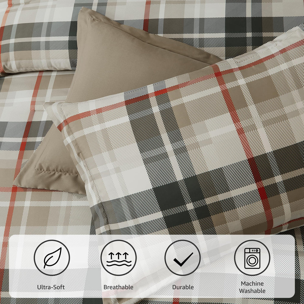 Plaid Comforter Set Khaki 7 Pieces Farmhouse Bed in a Bag