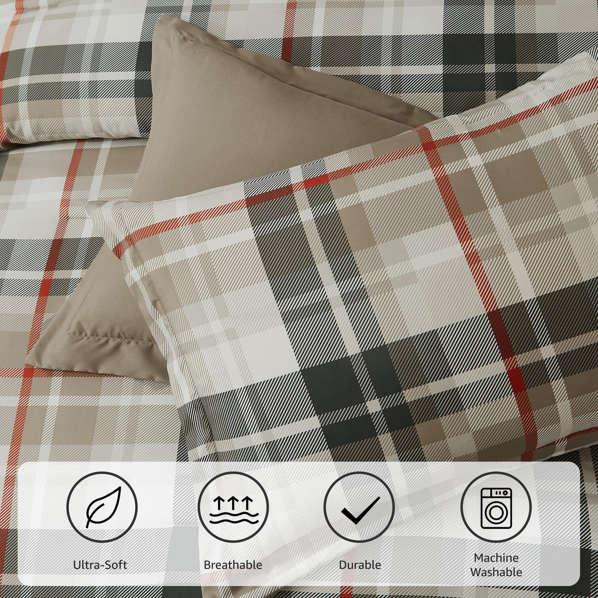Plaid Comforter Set Khaki 7 Pieces Farmhouse Bed in a Bag