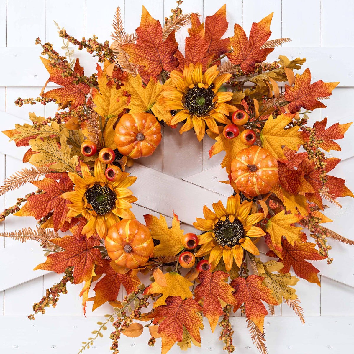 Fall Wreaths for Front Door 24 Inch Fall Wreath with Pumpkins Sunflowers Maple Leaves and Orange Red Berries Autumn