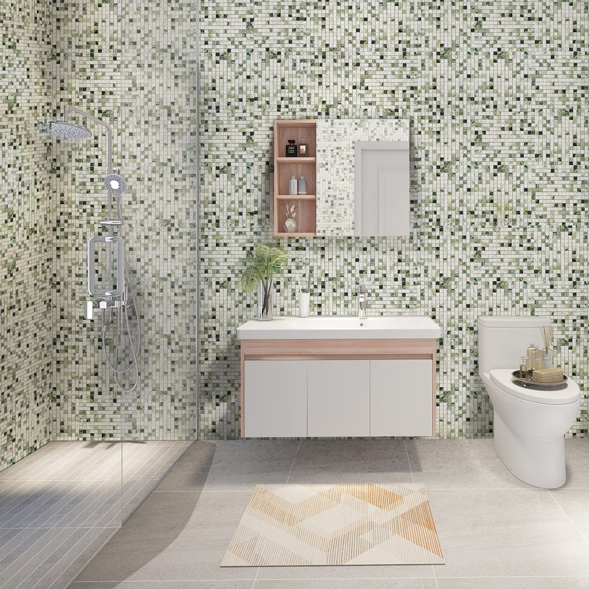6 Sheets Emerald Green and Carrara White Marble Square Mosaic backsplash Tiles, Polished Shower Room Floor and Wall