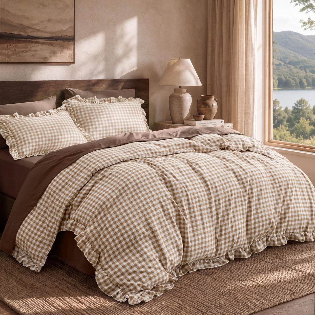 Brown Gingham Ruffle Duvet Cover Set, Cotton-Like Quilt Cover