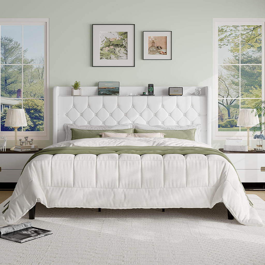 King Size Platform Bed Frame with Charging Station, Velvet Wingback Headboard with Storage Shelf, Wooden Slats