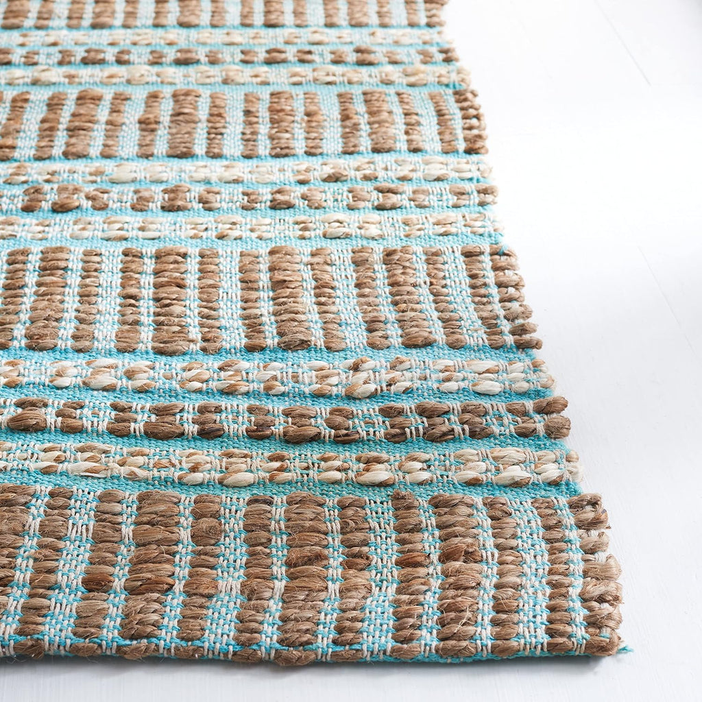 Area Rug - Natural Fiber Collection - Large - Teal & Natural, Handmade Jute & Cotton Flat Weave, Stripe Pattern