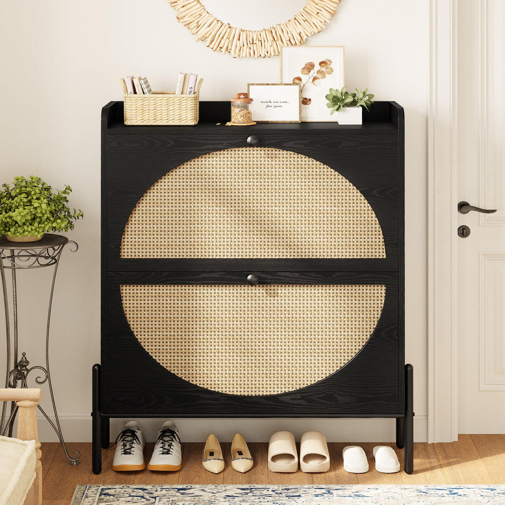 Rattan Shoe Cabinet Storage with 2 Flip Drawers, Black