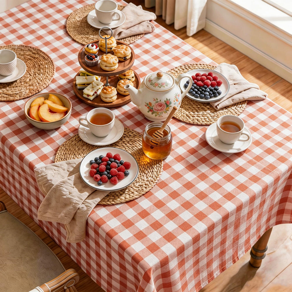 Fall Gingham Tablecloth Rectangle Cotton Linen Style, Orange 60x75