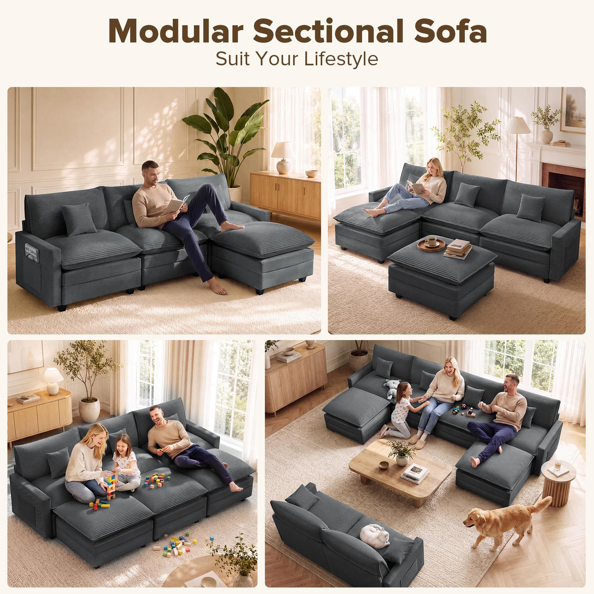 133 Inch Cloud Couch Sectional, Corner Modular Sectional Sofa with Ottoman