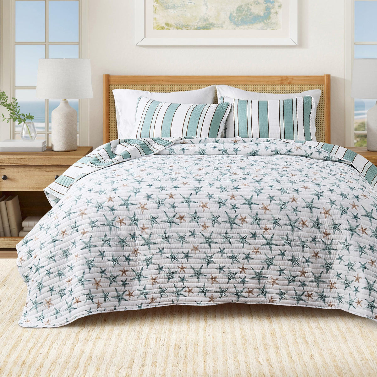 Coastal Quilt Set - 3-Piece Size Striped Bedding Set - Lightweight, All-Season, Reversible